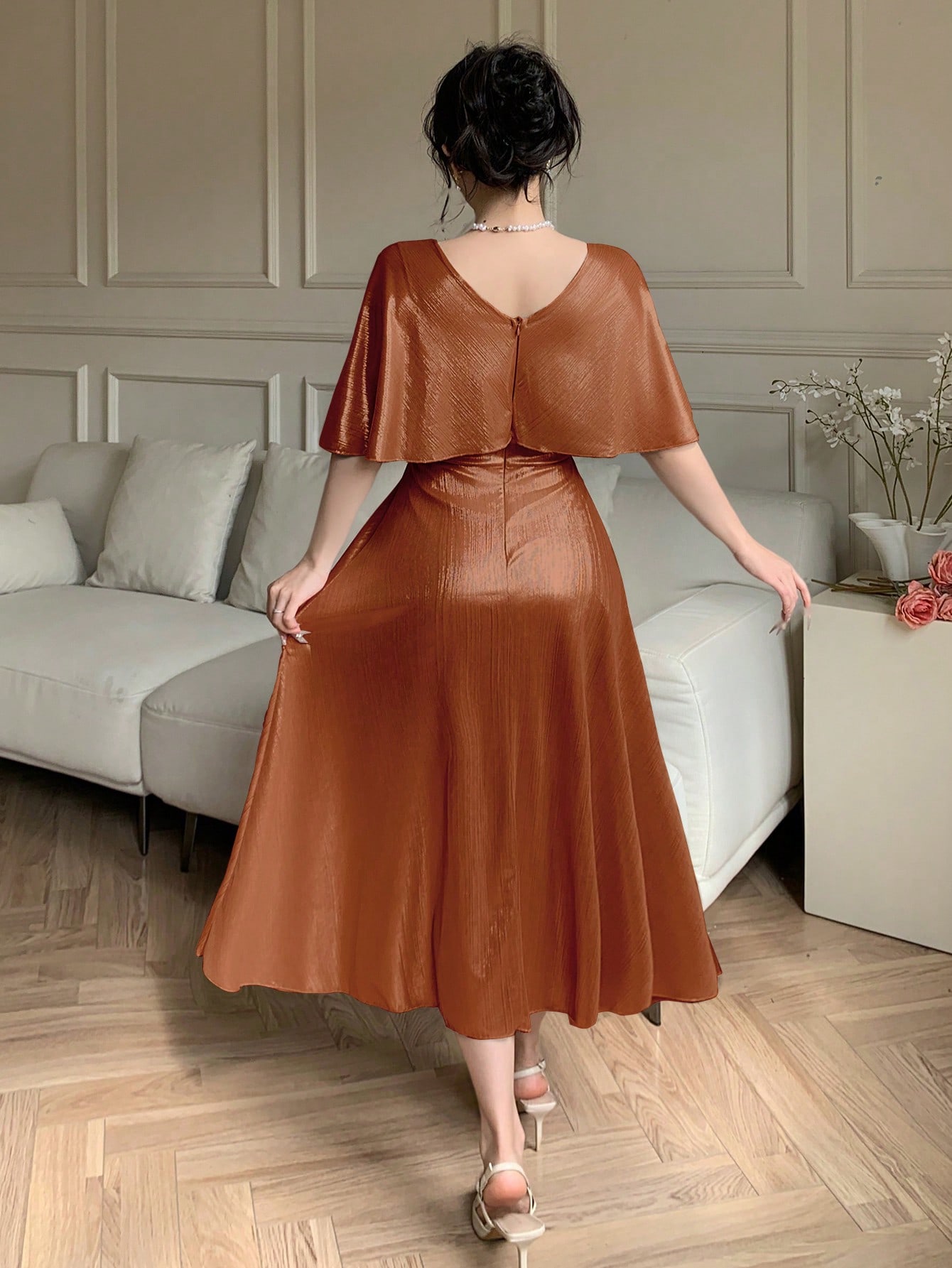Orange A-Line Ankle-Length Dress with Short Sleeves