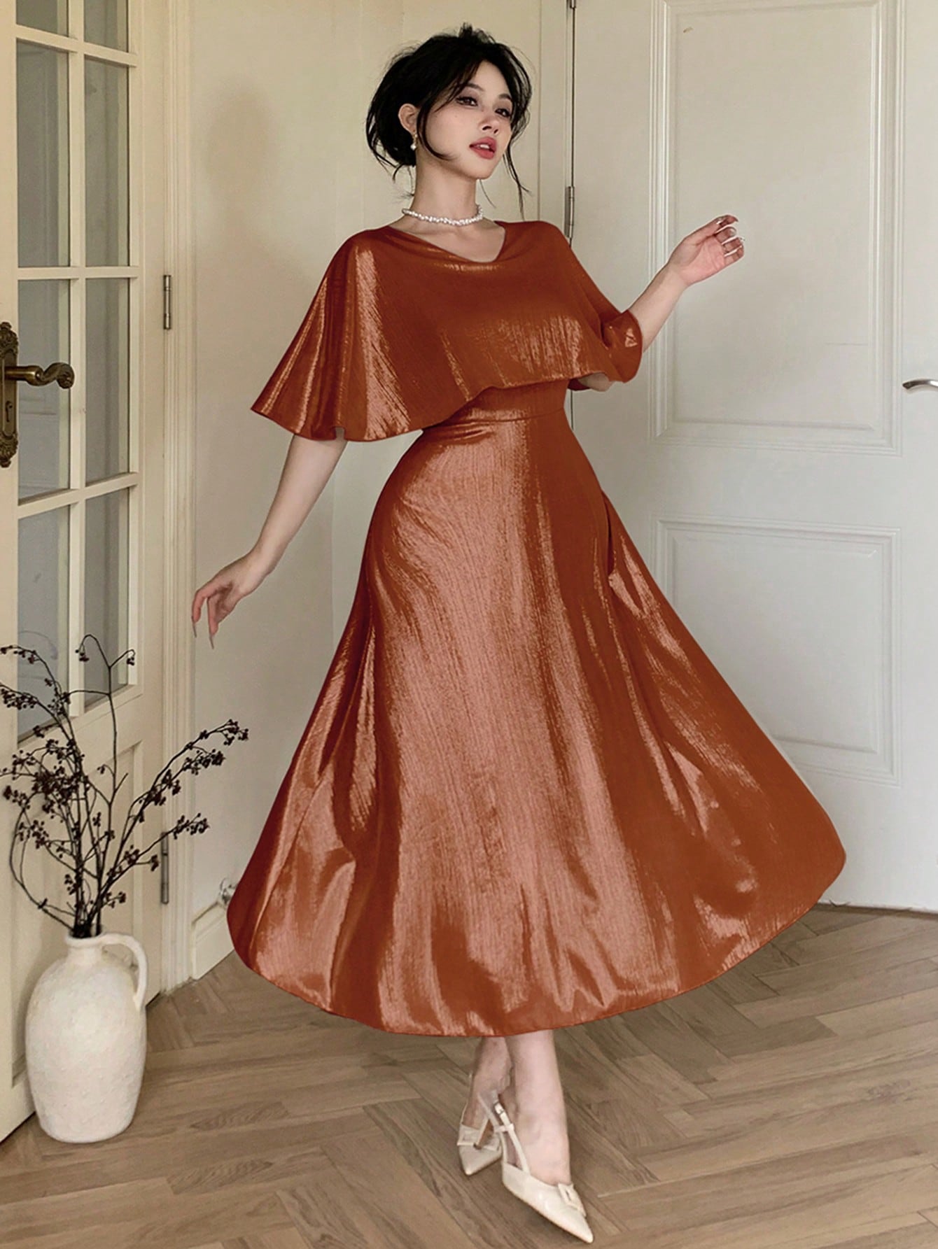 Orange A-Line Ankle-Length Dress with Short Sleeves