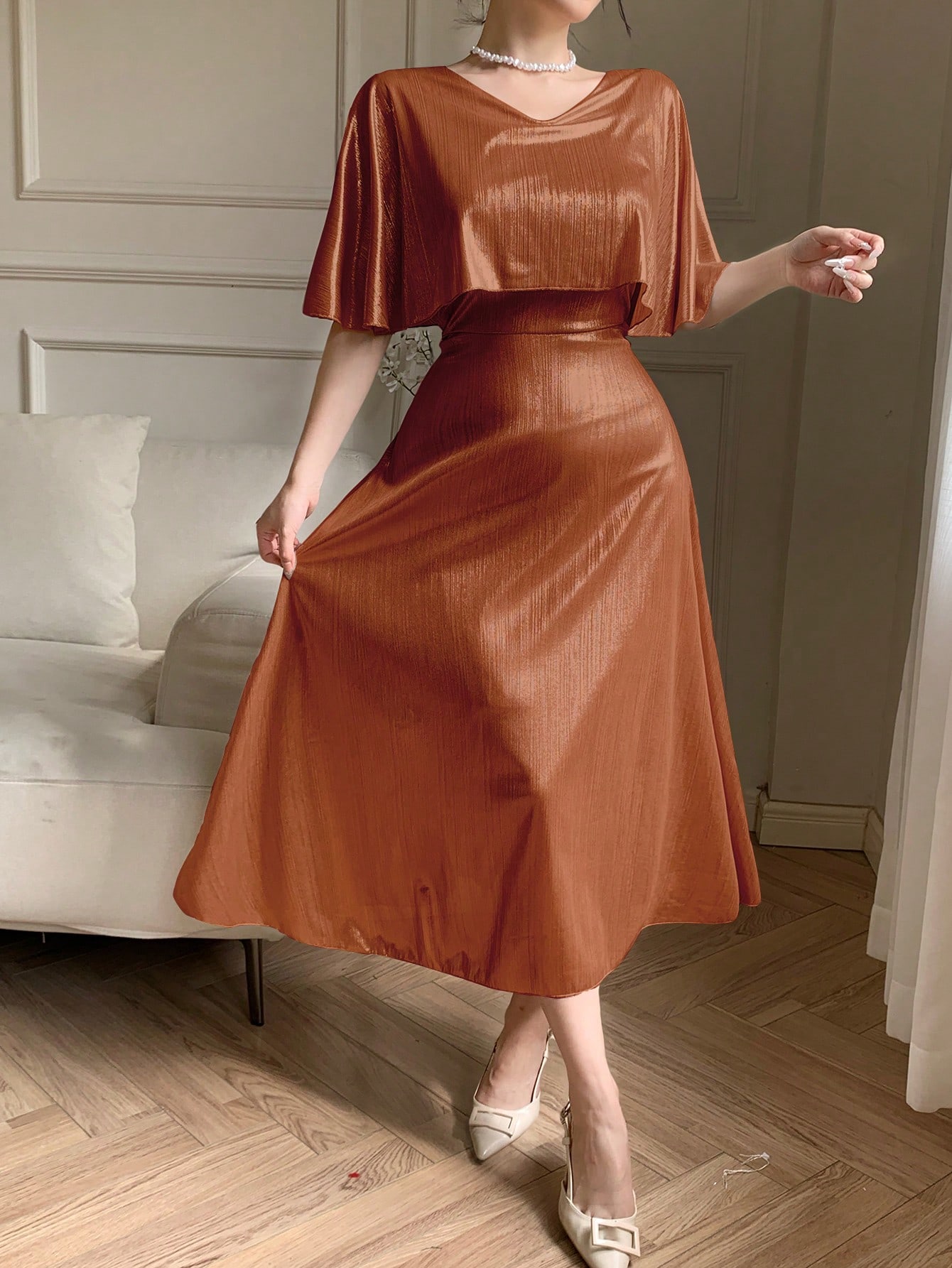 Orange A-Line Ankle-Length Dress with Short Sleeves