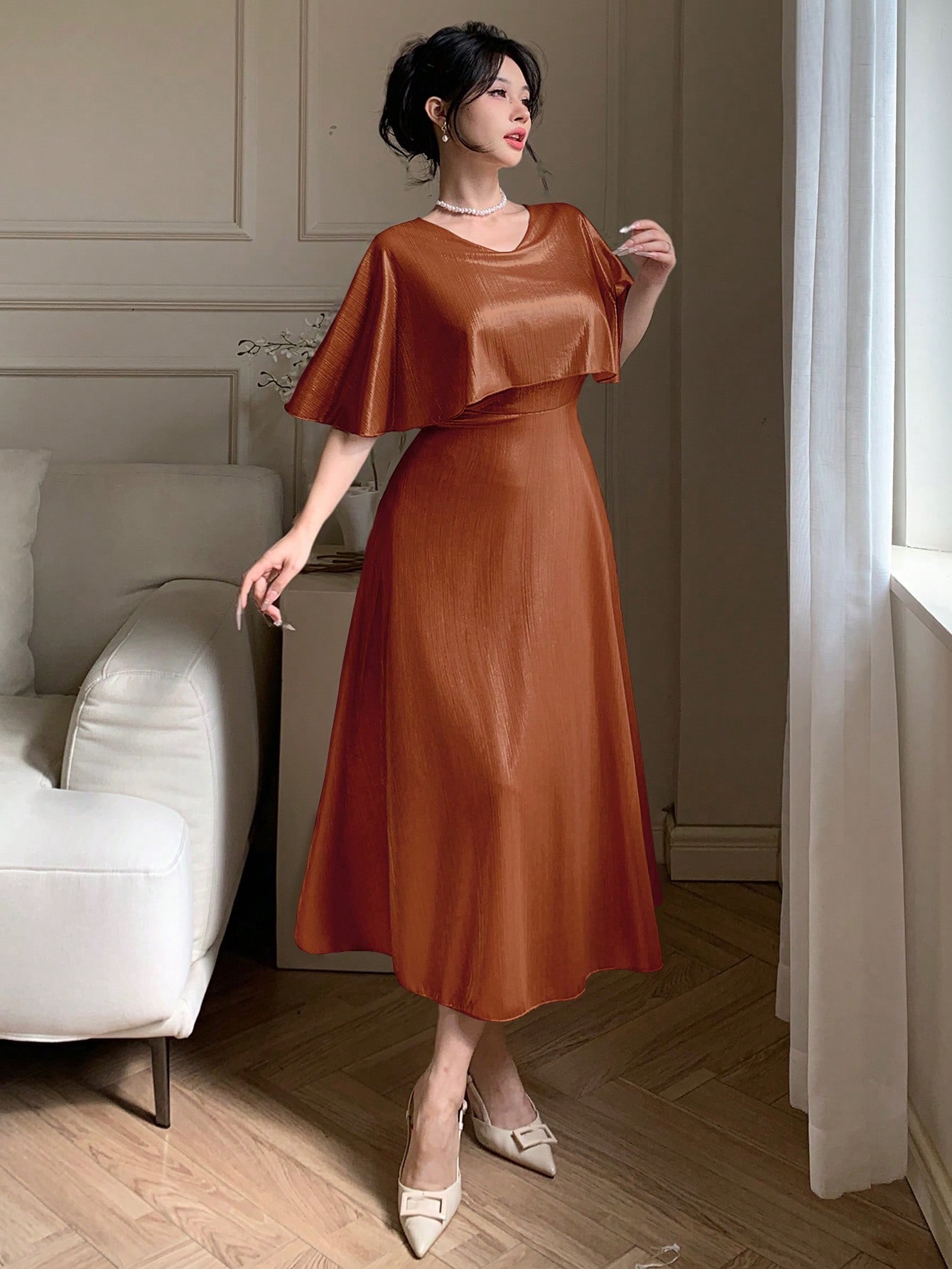 Orange A-Line Ankle-Length Dress with Short Sleeves