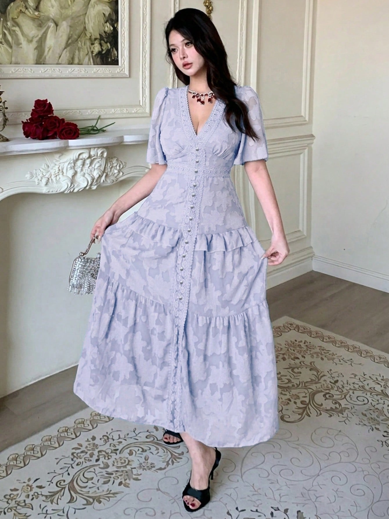 Blue Floral A-Line Maxi Dress with Short Sleeves