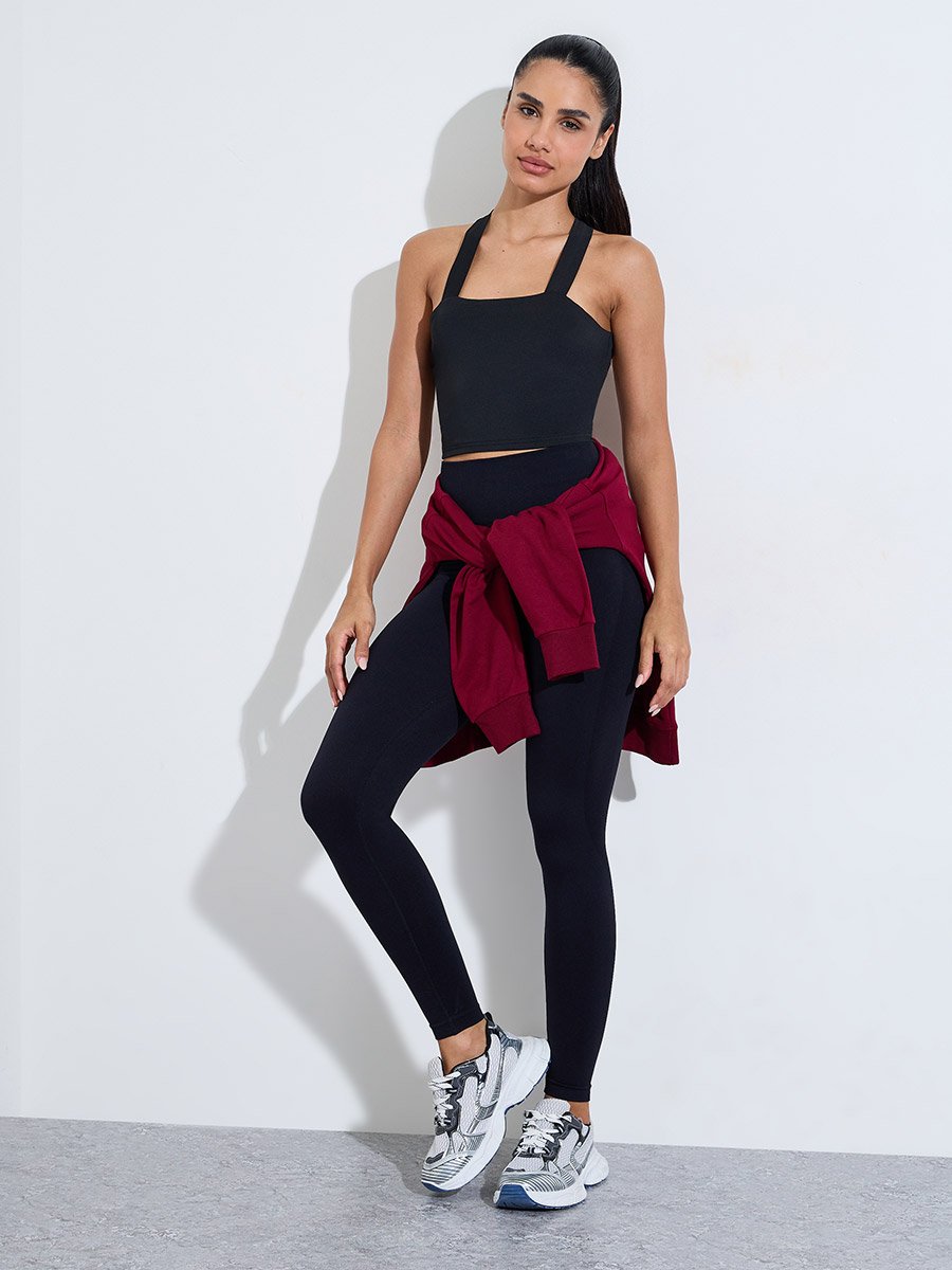 Black Solid High-Waist Active Leggings
