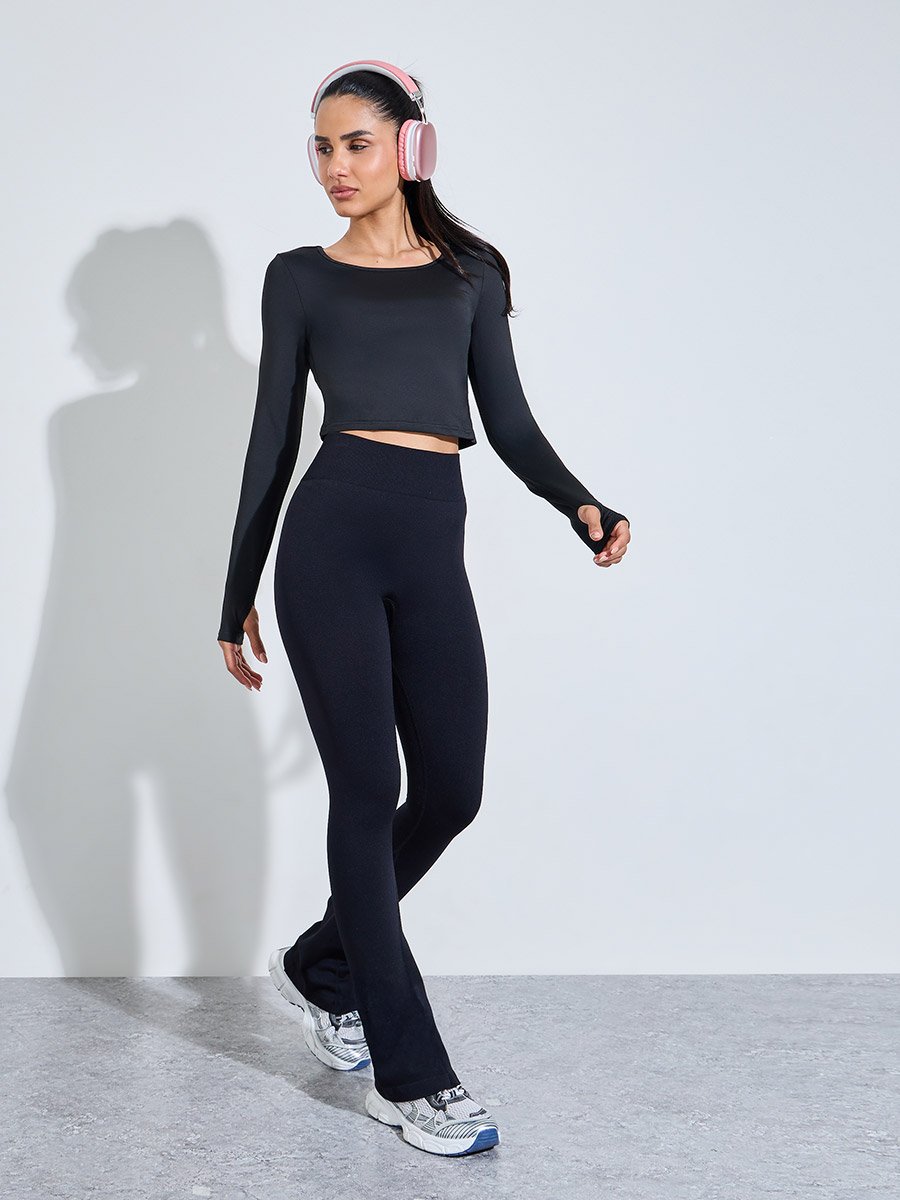 Black Solid High-Waist Flare Active Pants