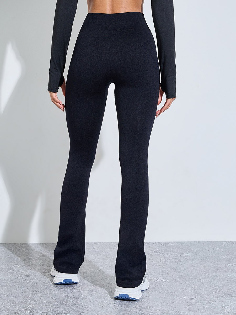 Black Solid High-Waist Flare Active Pants