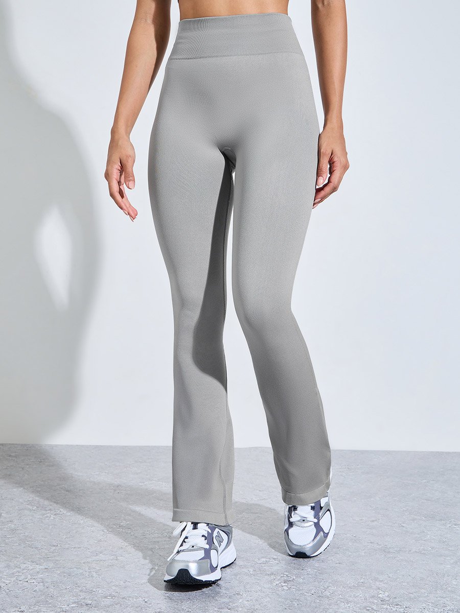 Grey Solid High-Waist Flare Active Pants