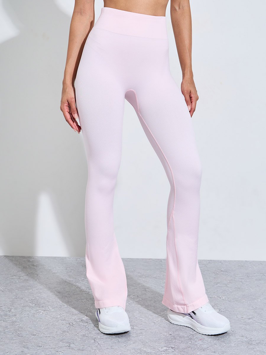 Pink Solid High-Waist Flare Active Pants