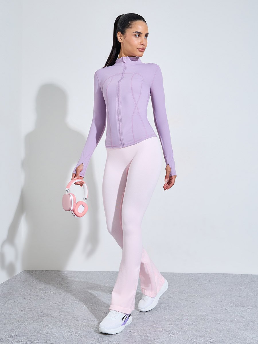 Pink Solid High-Waist Flare Active Pants