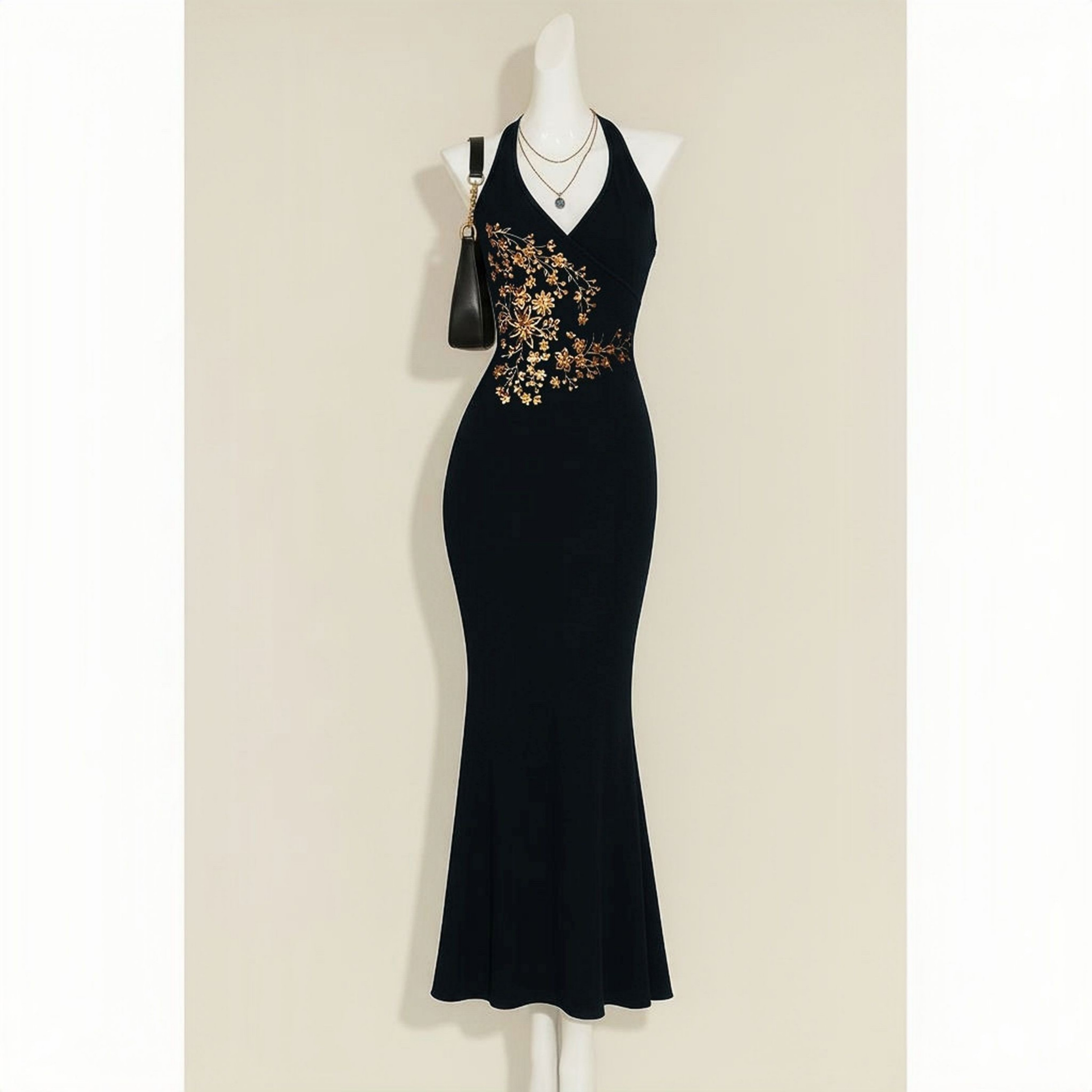 Black Embroidered Bodycon Halter Ankle-Length Dress