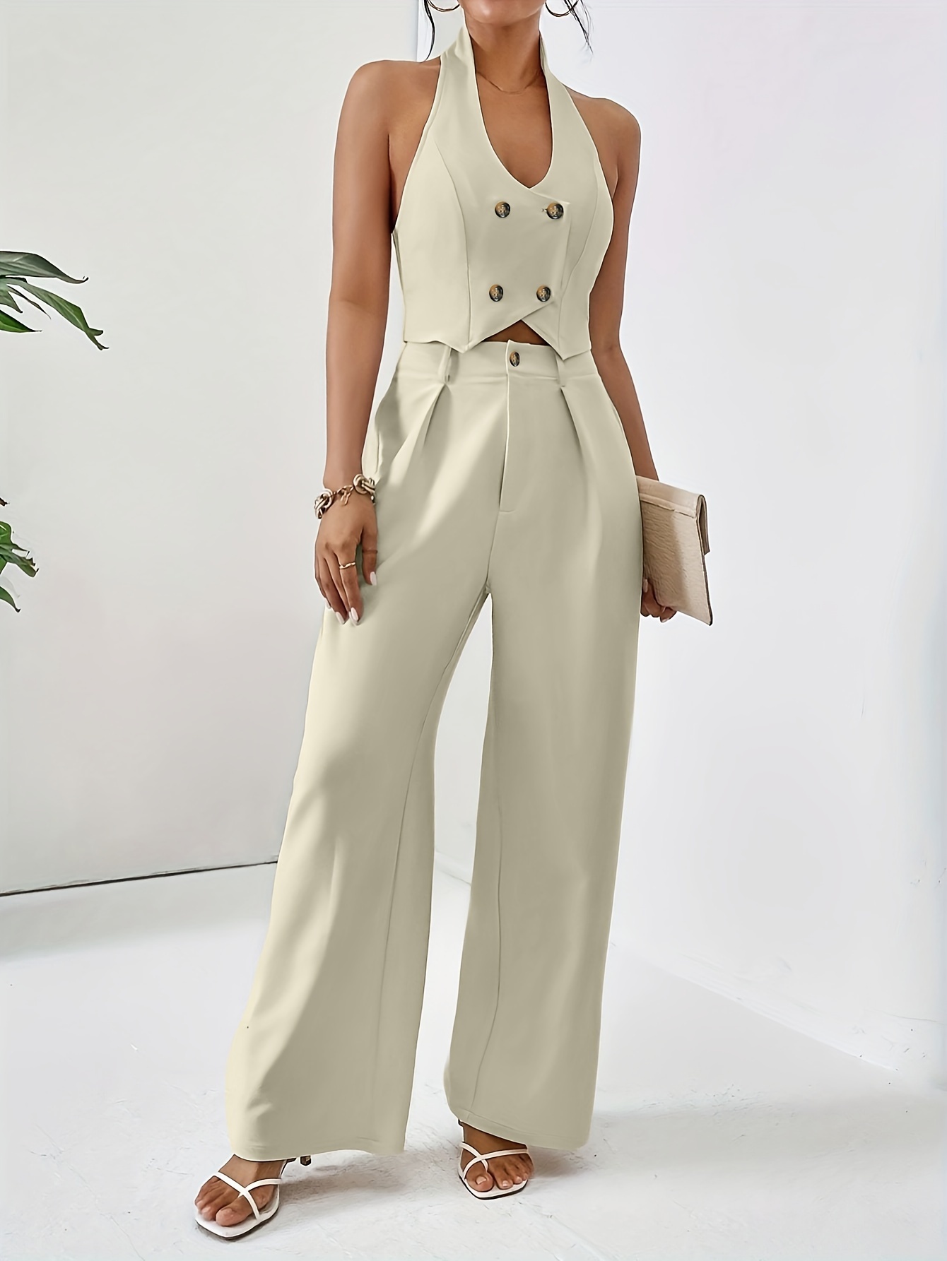 Beige Halter Waistcoat and Wide-Leg Trousers Set