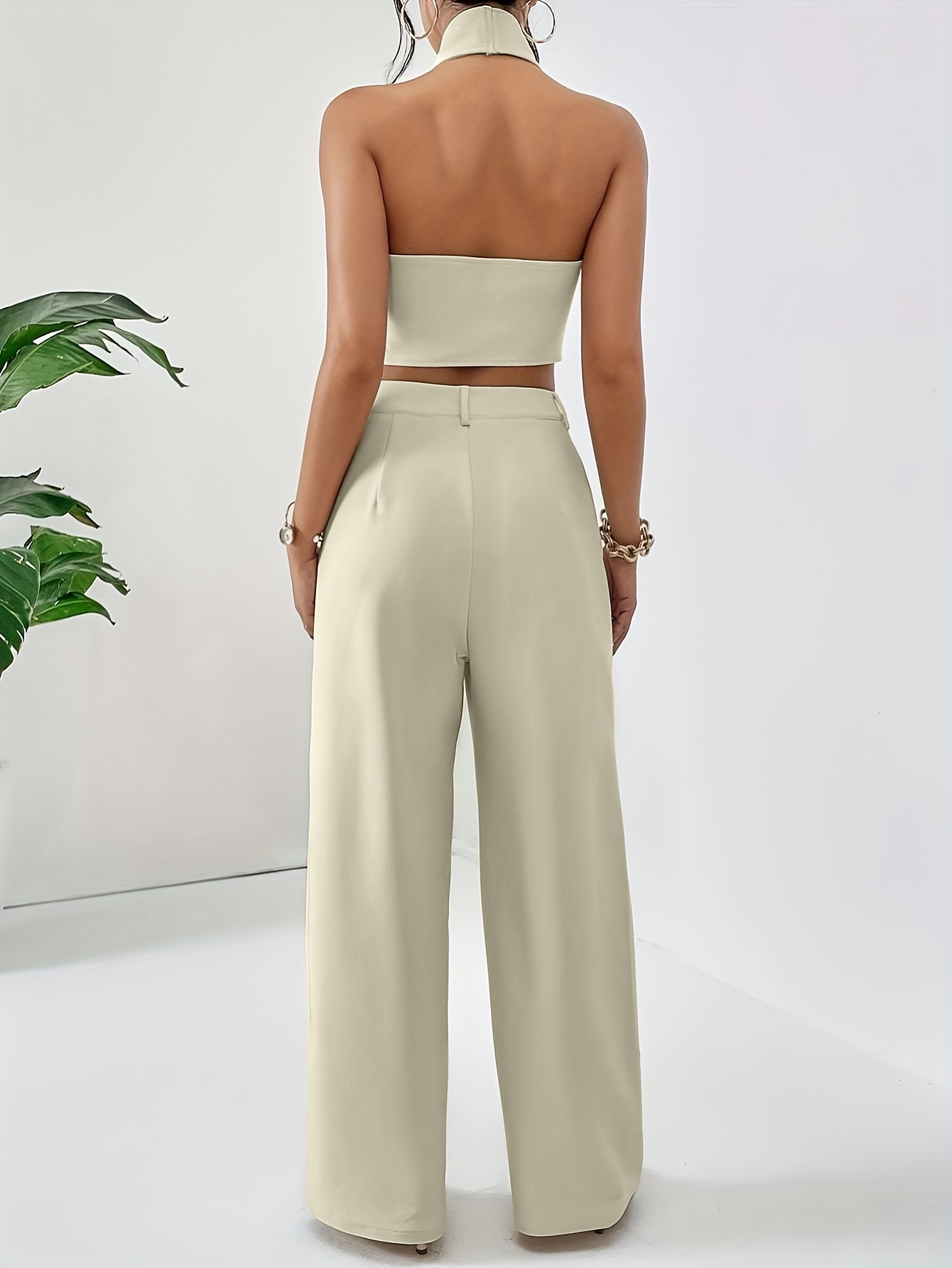 Beige Halter Waistcoat and Wide-Leg Trousers Set