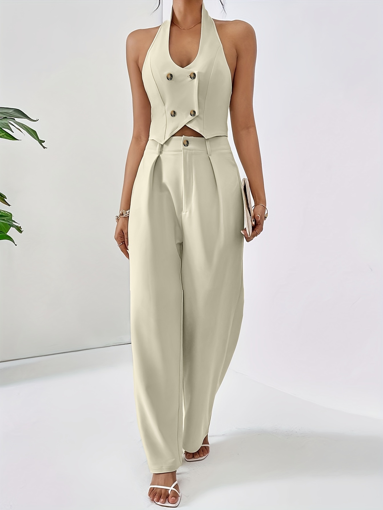 Beige Halter Waistcoat and Wide-Leg Trousers Set