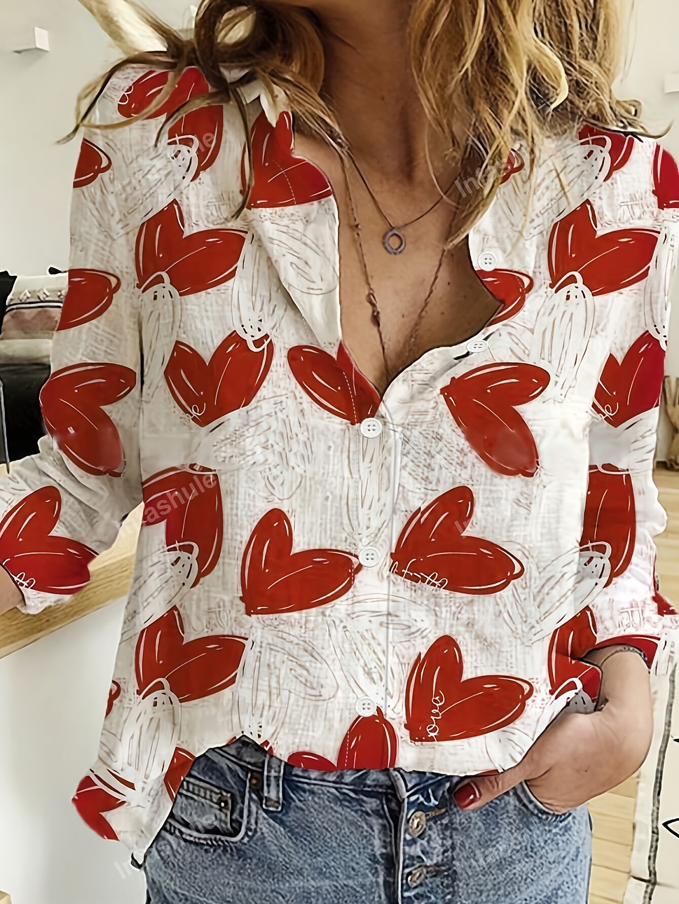 Printed Long Sleeve Button Front Top