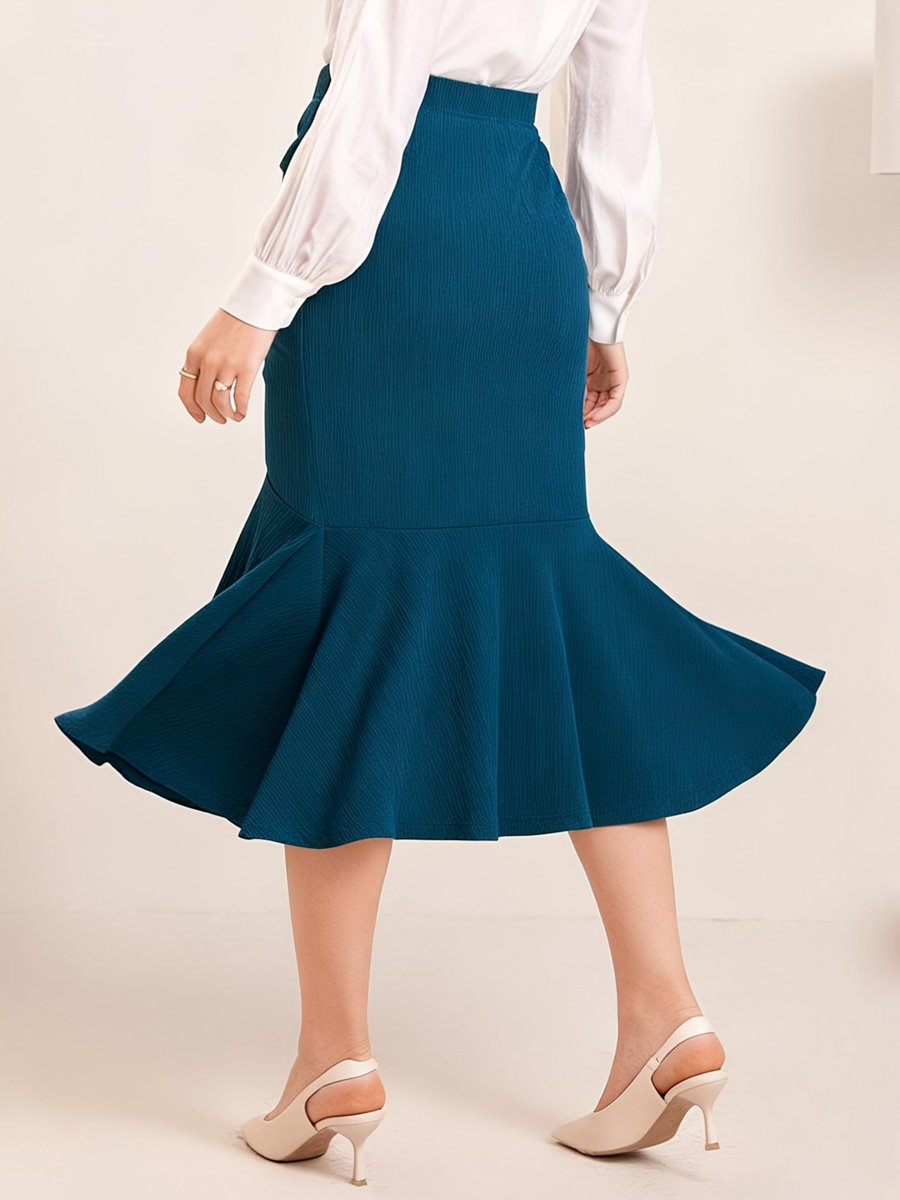 Blue Flared Midi Skirt with Ruched Detail