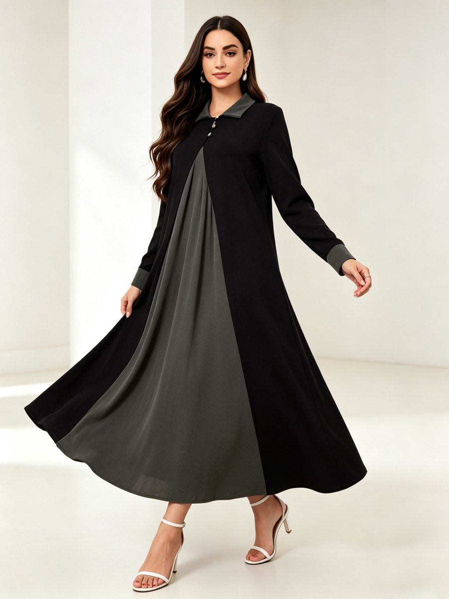 Black A-Line Maxi Dress with Long Sleeves