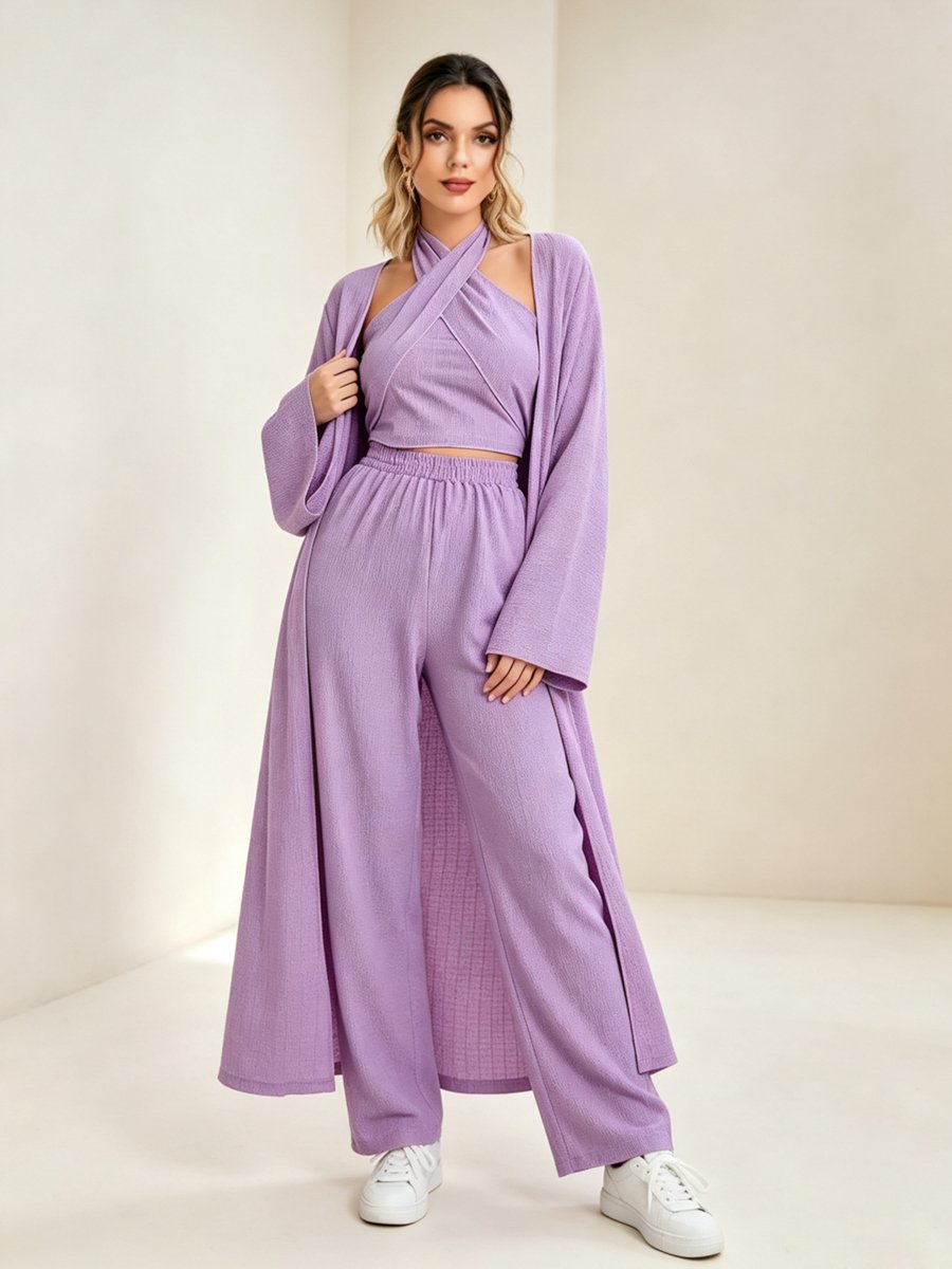 Womens Purple Halter Top and Wide-Leg Trousers Co-ord Set
