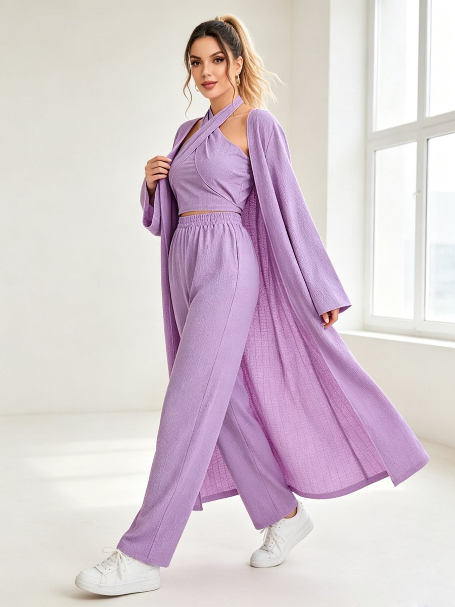 Womens Purple Halter Top and Wide-Leg Trousers Co-ord Set