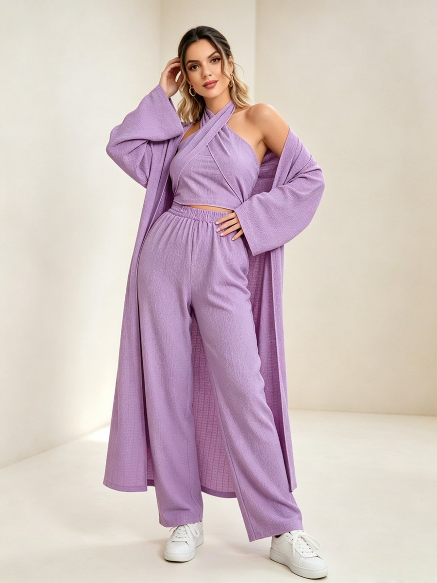 Womens Purple Halter Top and Wide-Leg Trousers Co-ord Set