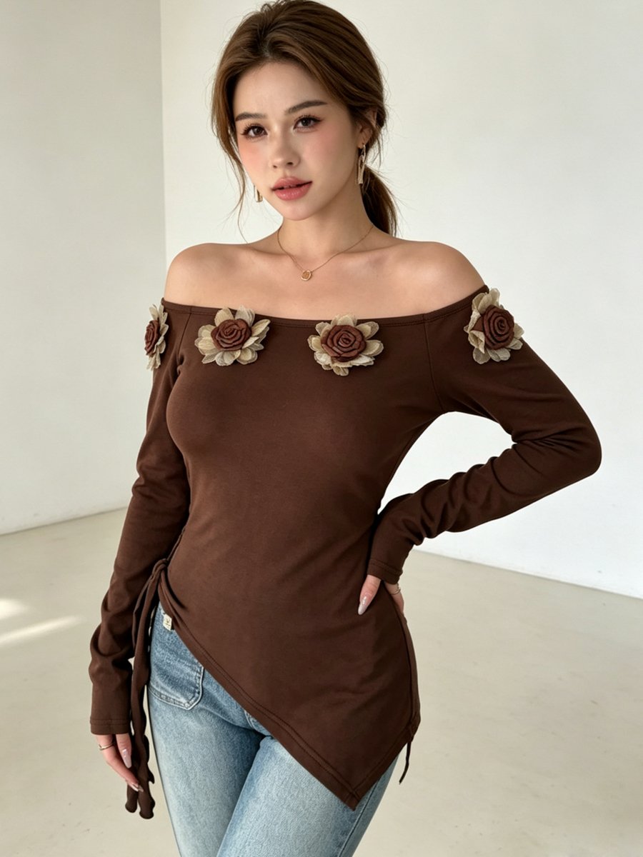 Brown Off-Shoulder Long Sleeve Top with Floral Applique