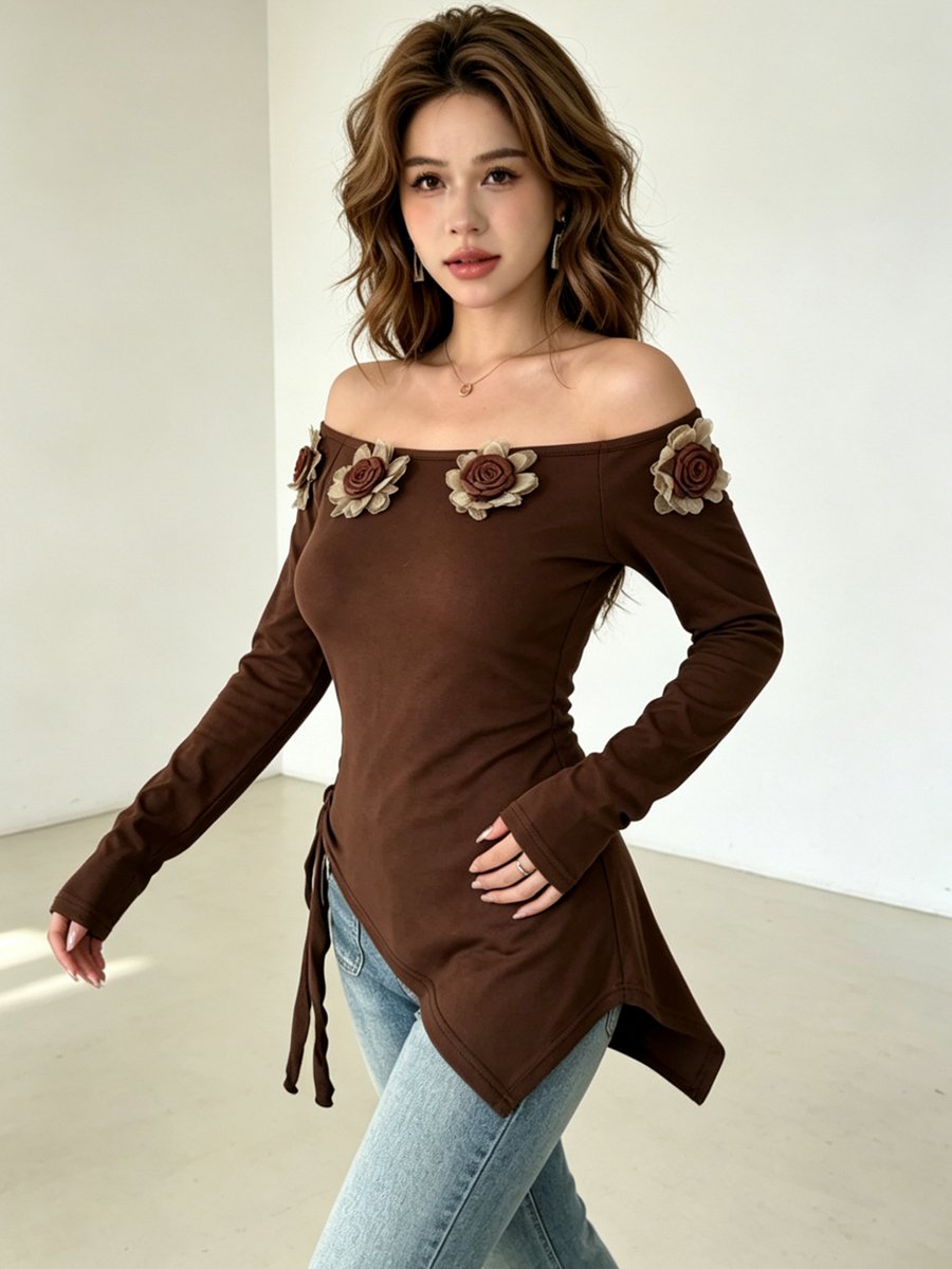 Brown Off-Shoulder Long Sleeve Top with Floral Applique