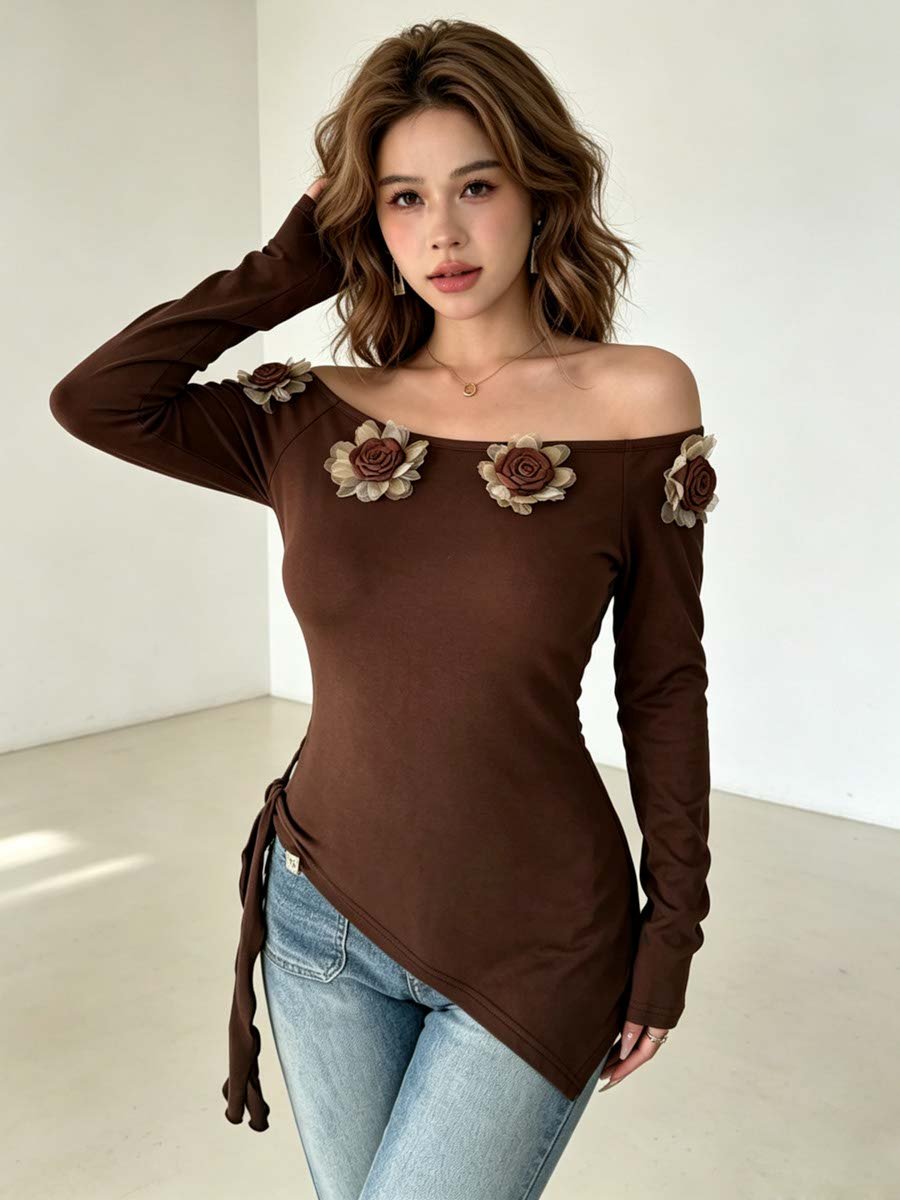 Brown Off-Shoulder Long Sleeve Top with Floral Applique