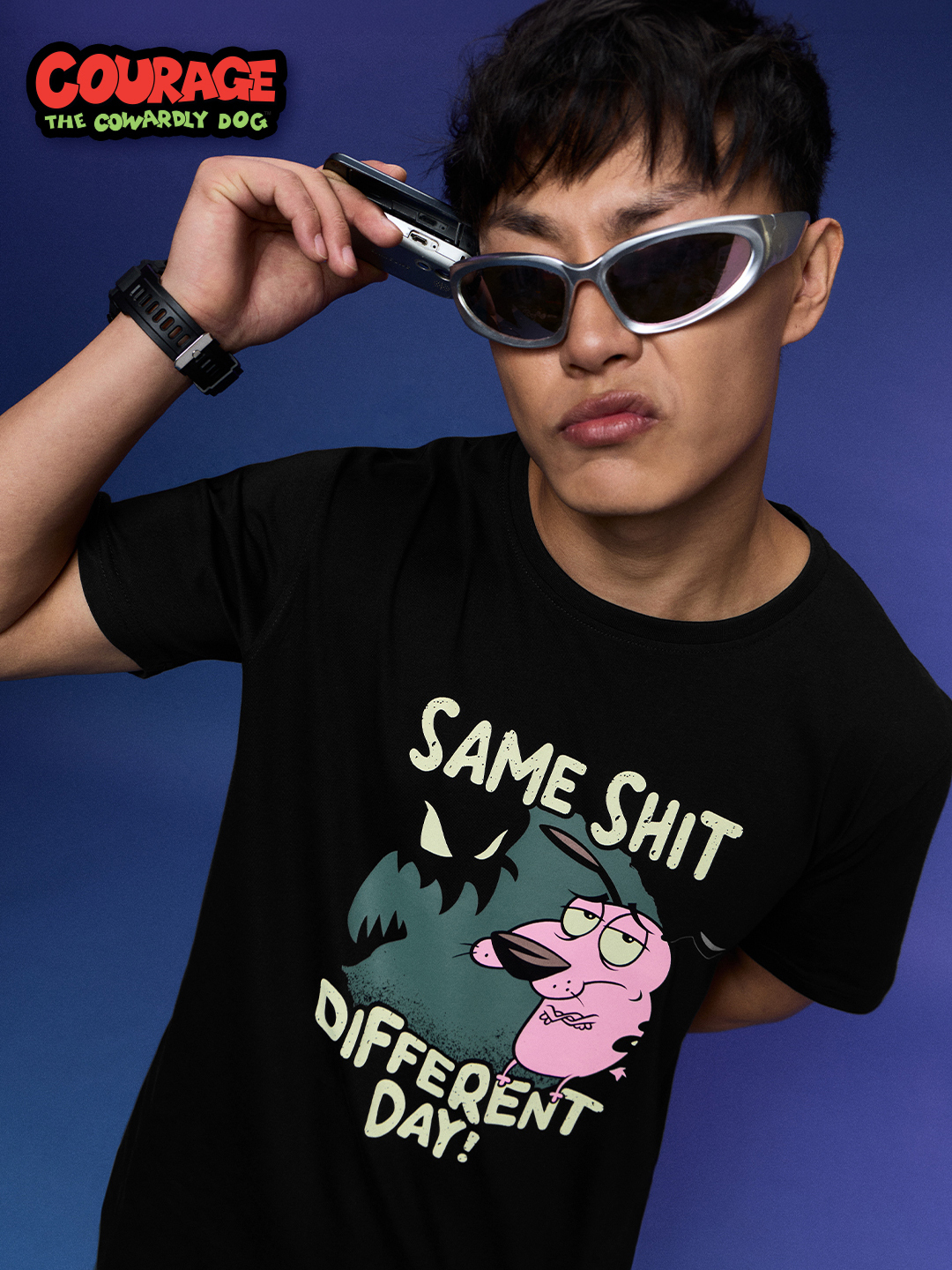 Men Courage The Cowardly Dog Graphic T-Shirt - Black, Casual Round Neck