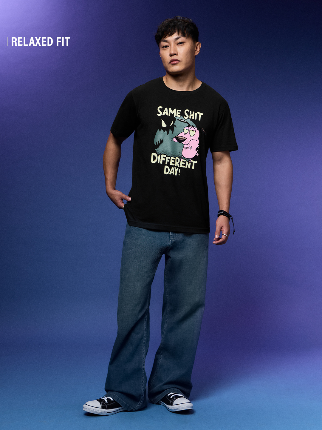 Men Courage The Cowardly Dog Graphic T-Shirt - Black, Casual Round Neck