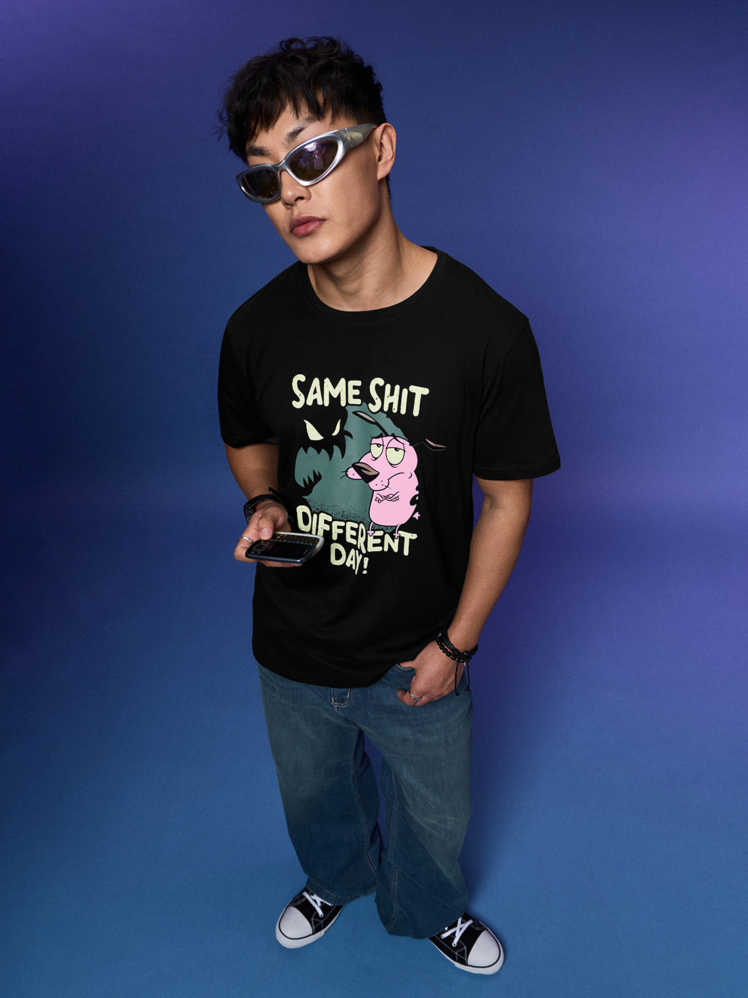 Men Courage The Cowardly Dog Graphic T-Shirt - Black, Casual Round Neck