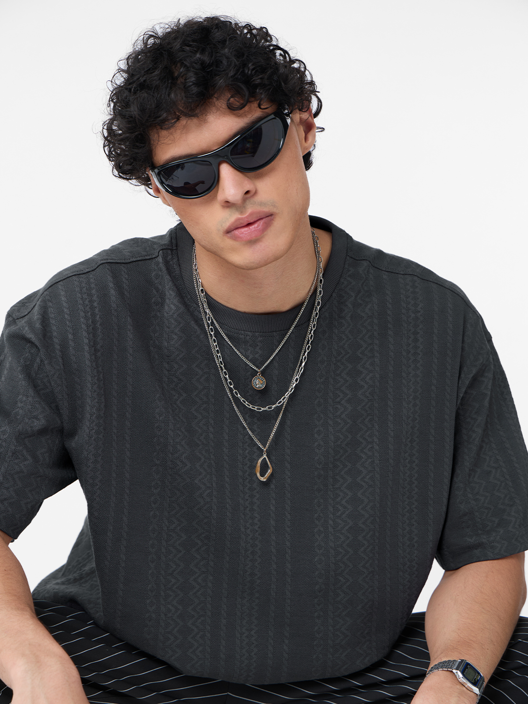 Men Charcoal Oversized Fit Textured Round Neck T-Shirt