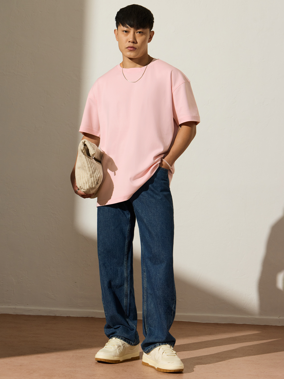 Men Core Oversized Plain Pink Round Neck T-Shirt