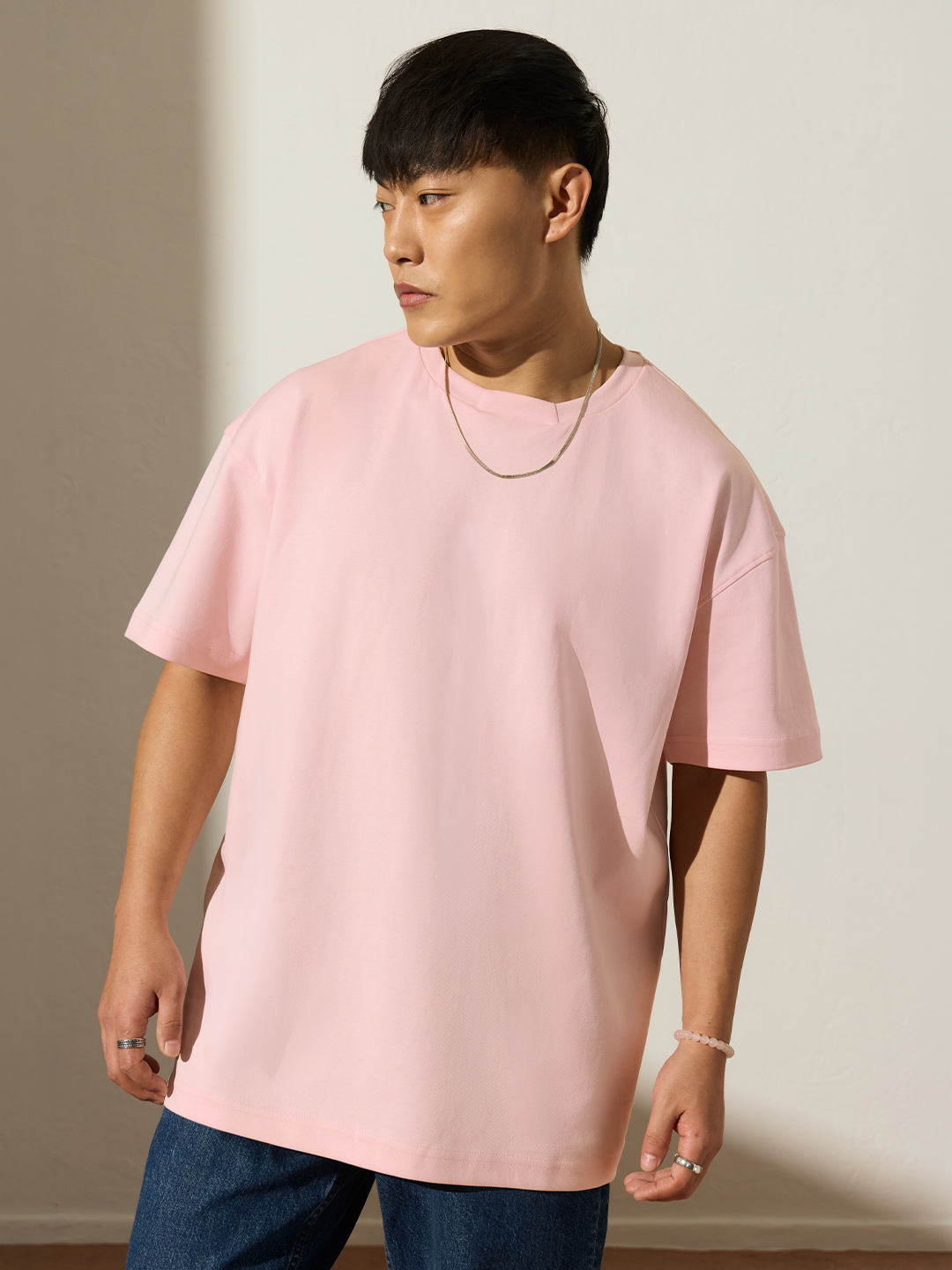 Men Core Oversized Plain Pink Round Neck T-Shirt