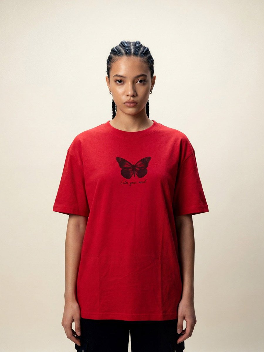 Red Butterfly Print Round neck Oversized T-Shirt