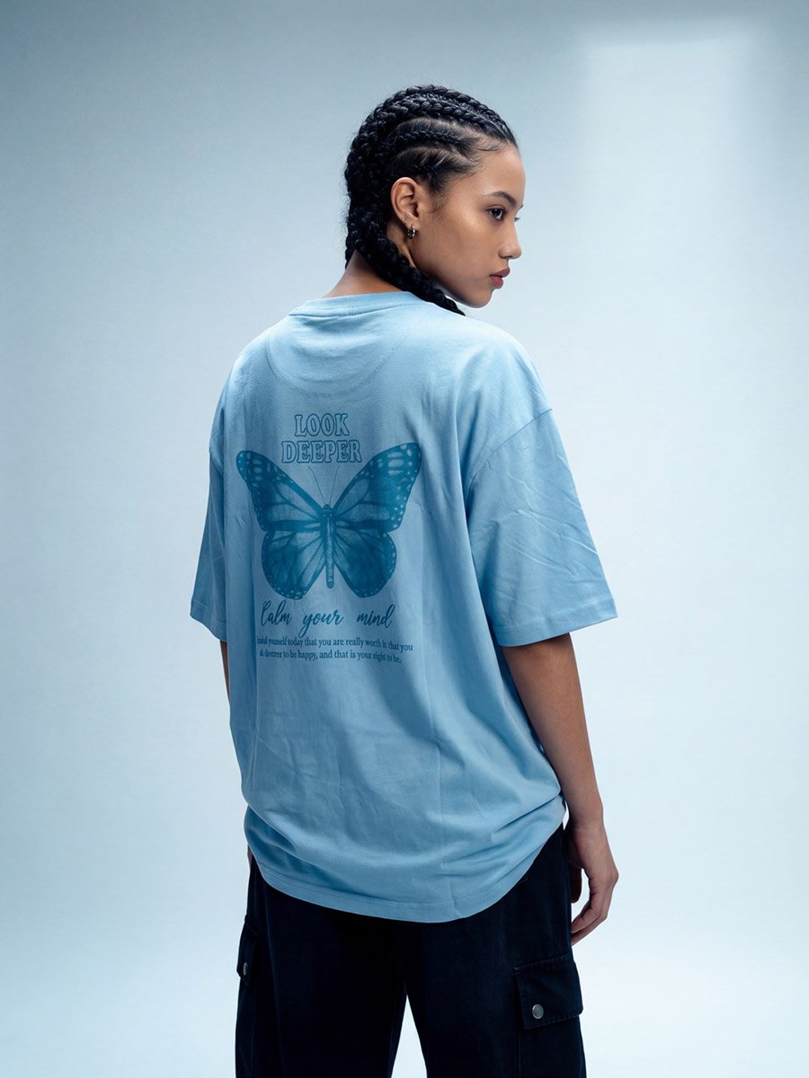 Blue Butterfly Print Round neck Oversized T-Shirt
