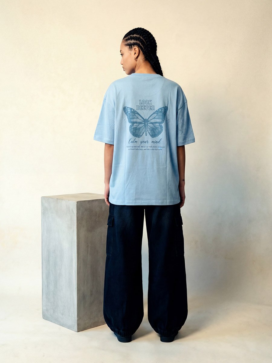 Blue Butterfly Print Round neck Oversized T-Shirt