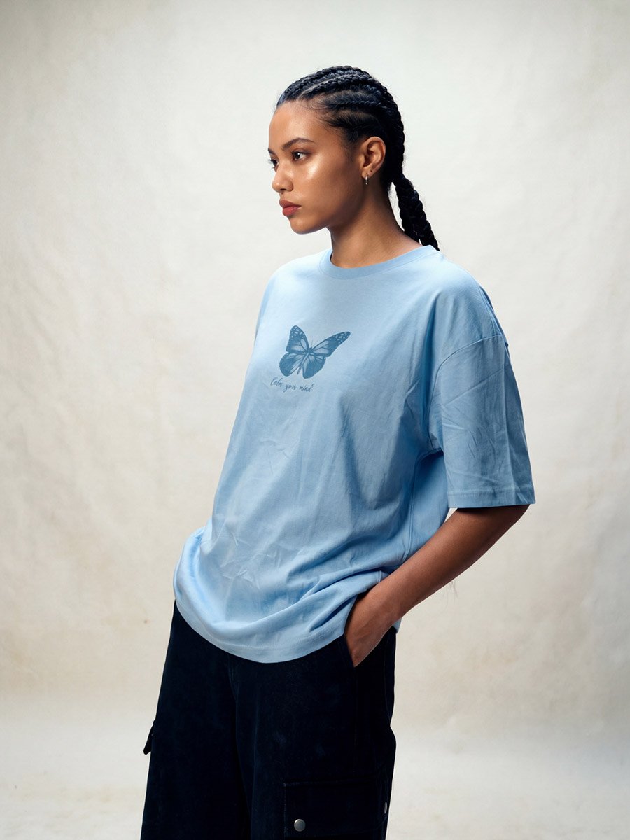 Blue Butterfly Print Round neck Oversized T-Shirt