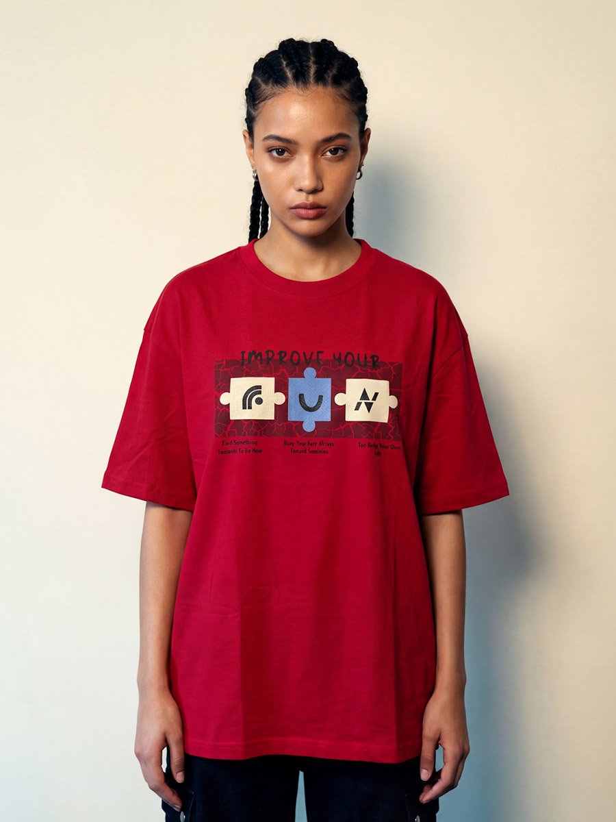 Red Graphic Print Round Neck Oversized T-Shirt