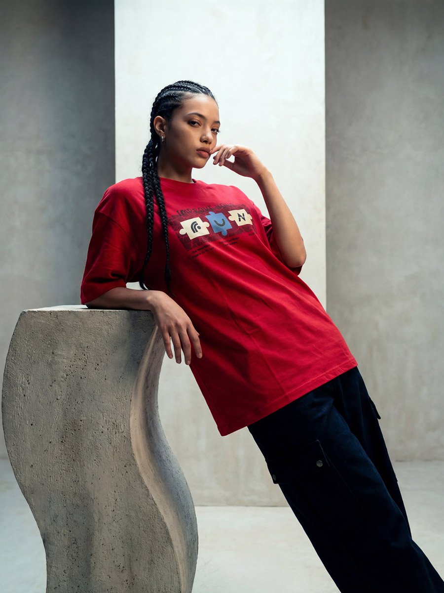 Red Graphic Print Round Neck Oversized T-Shirt