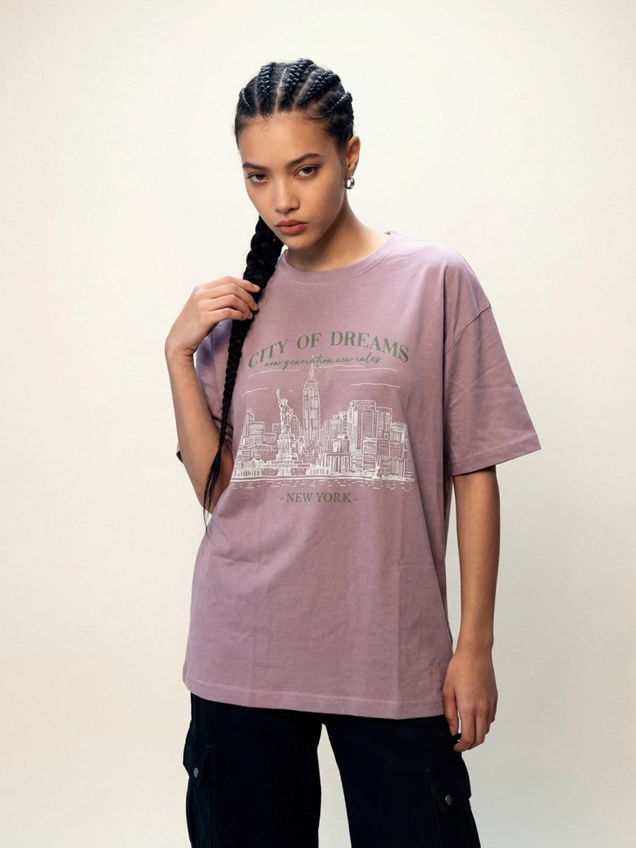 Purple Graphic Print Round Neck Short Sleeves T-Shirt
