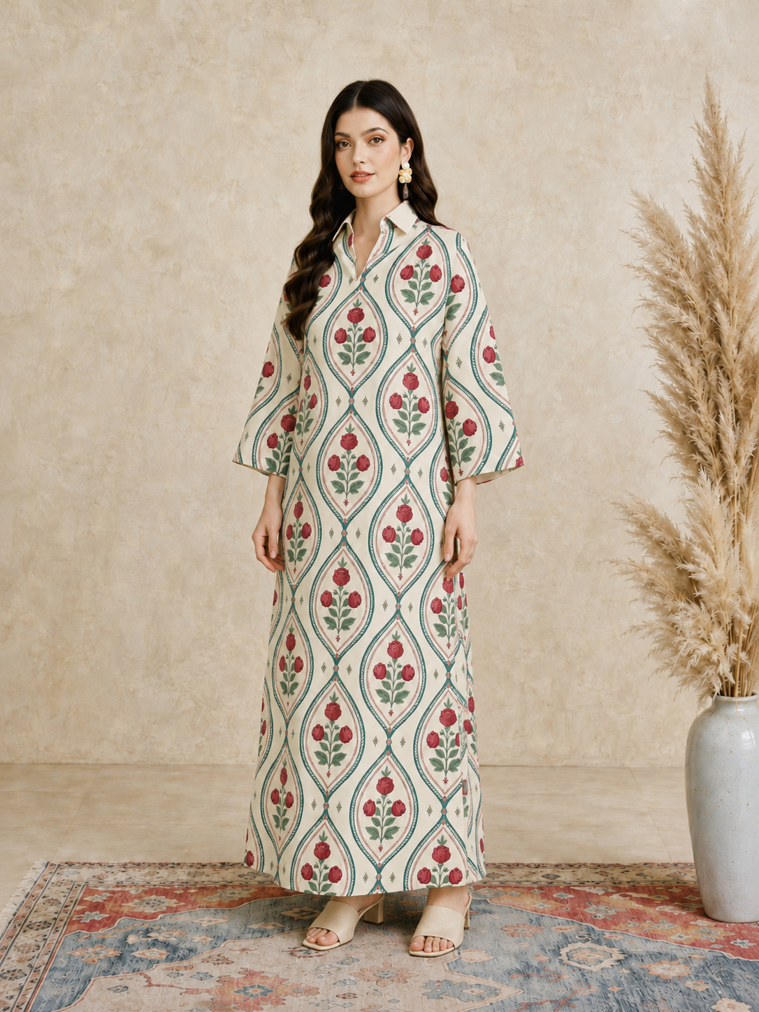 Multi Floral Print Open Collar Jalabiya