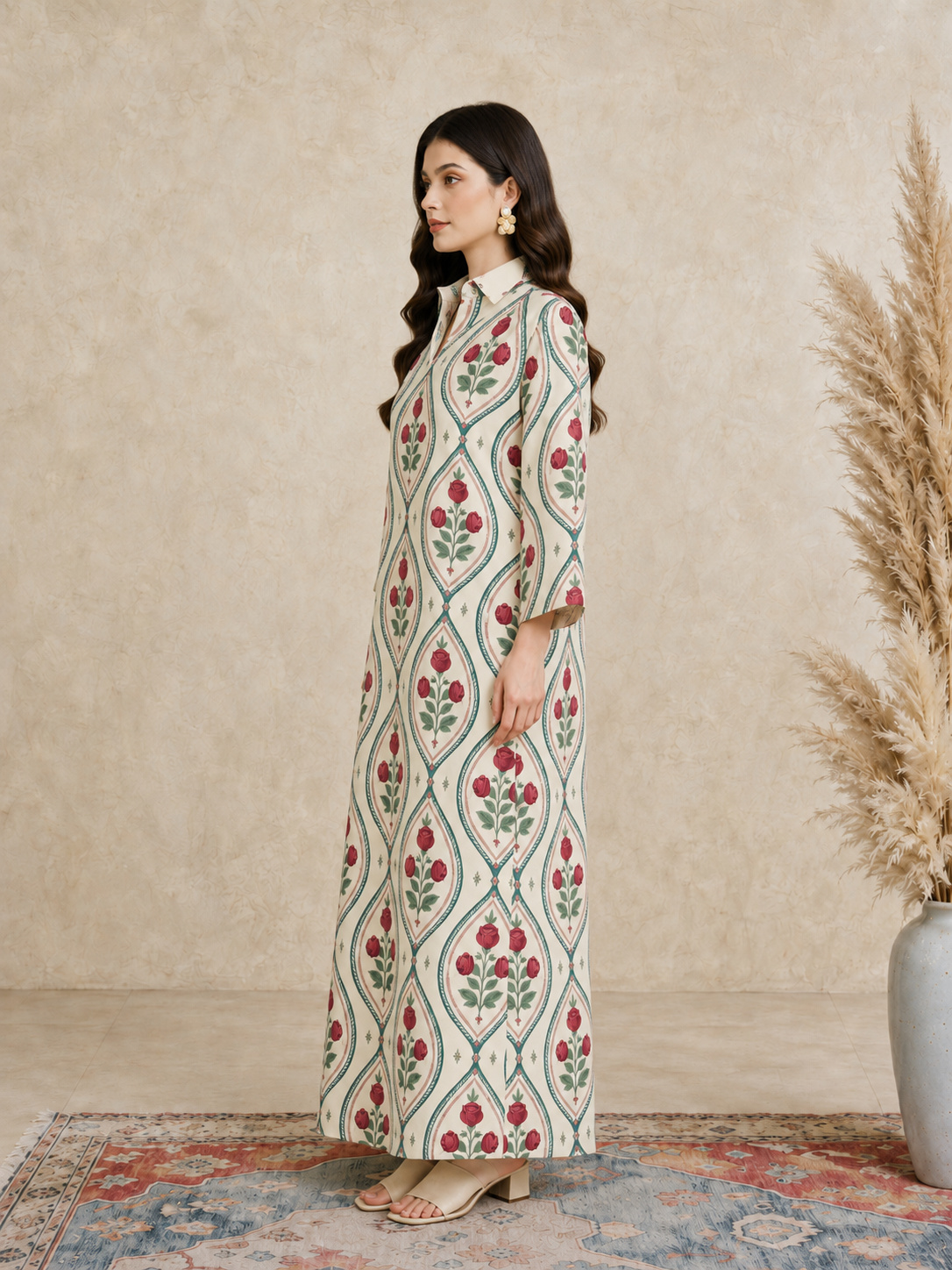 Multi Floral Print Open Collar Jalabiya