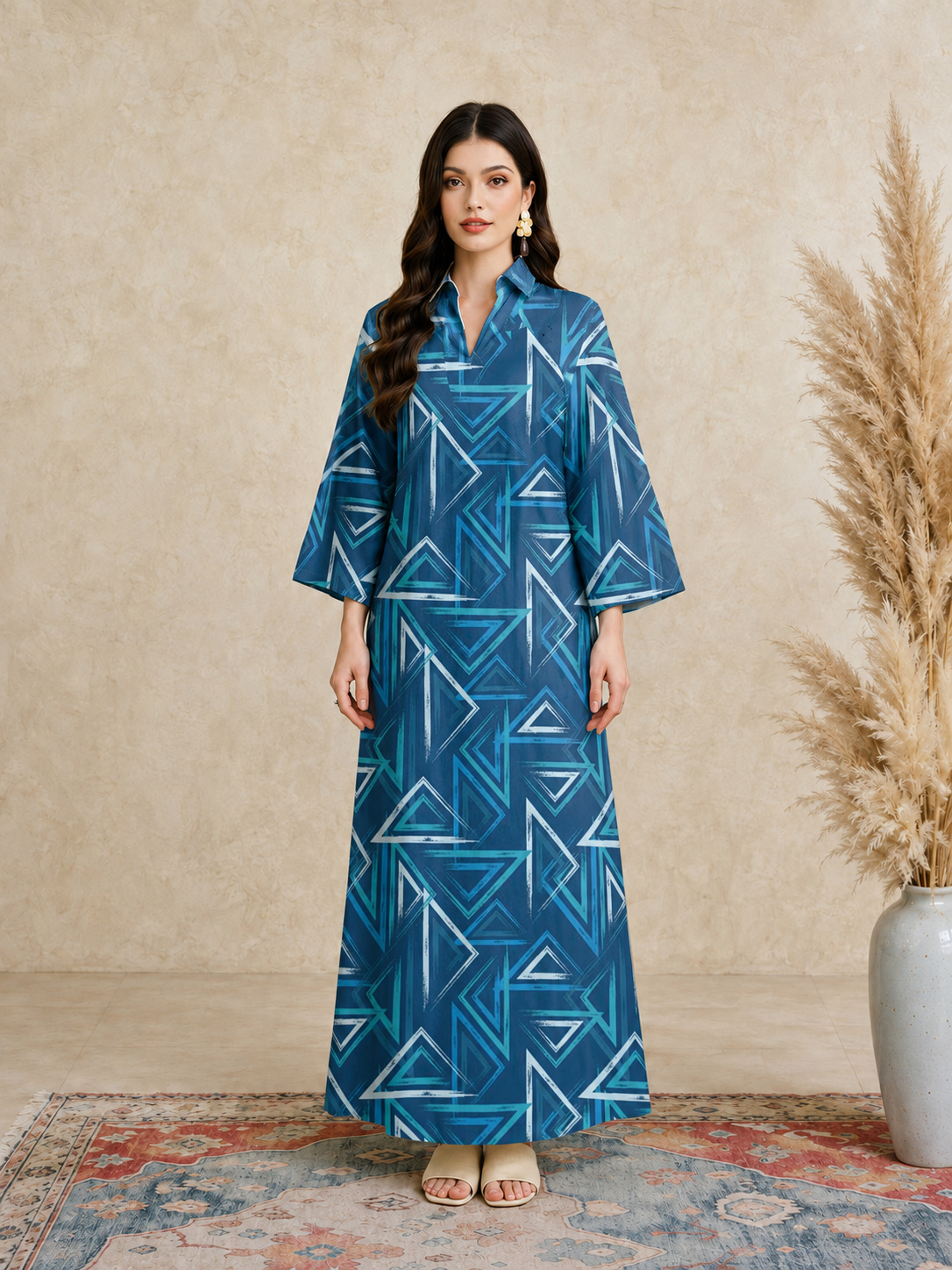 Blue Geometric Print Open Collar Jalabiya