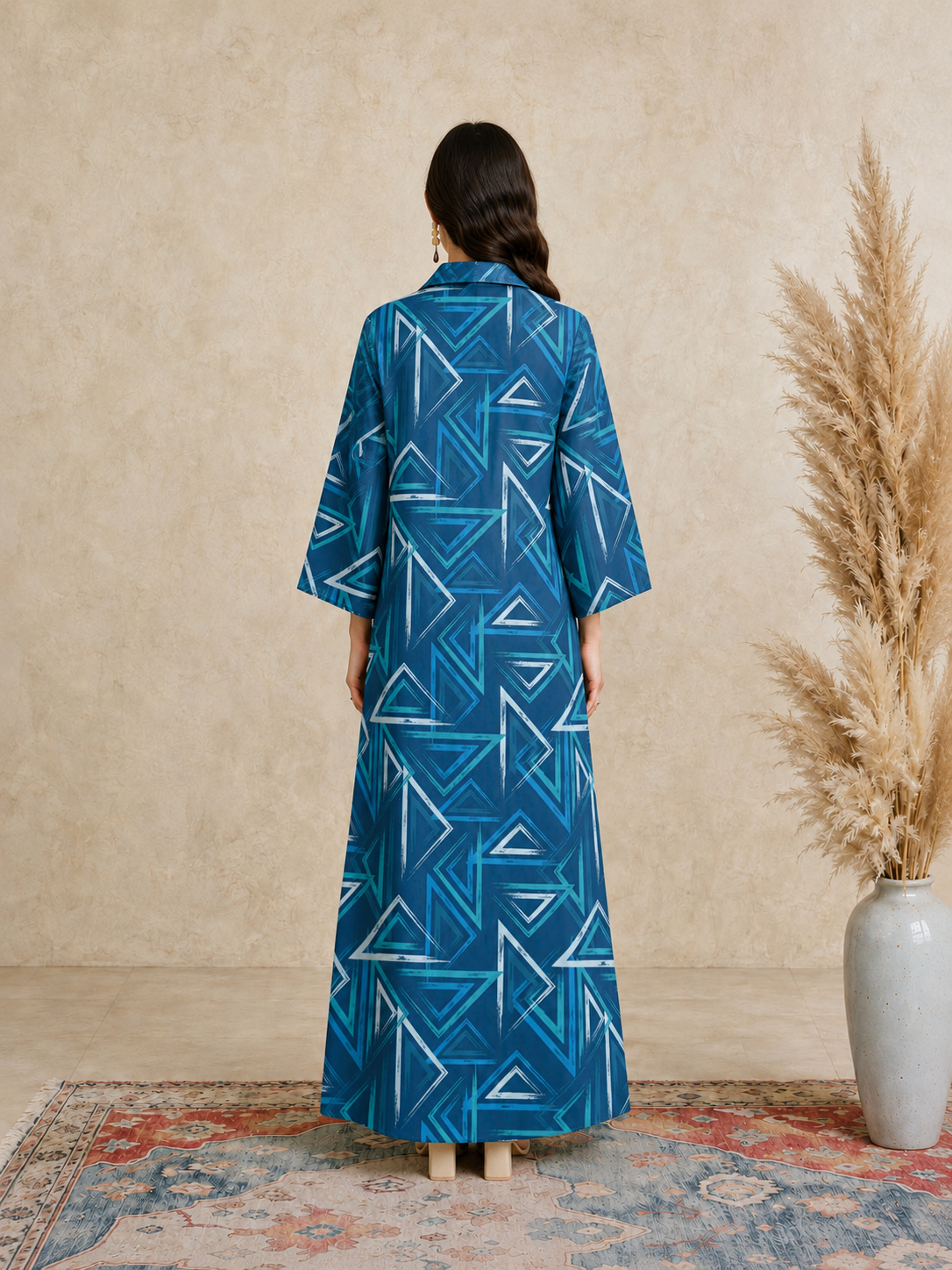 Blue Geometric Print Open Collar Jalabiya