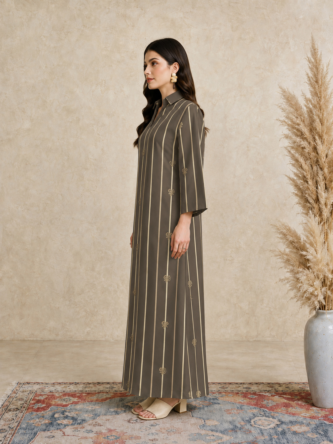 Olive Striped Open Collar Jalabiya