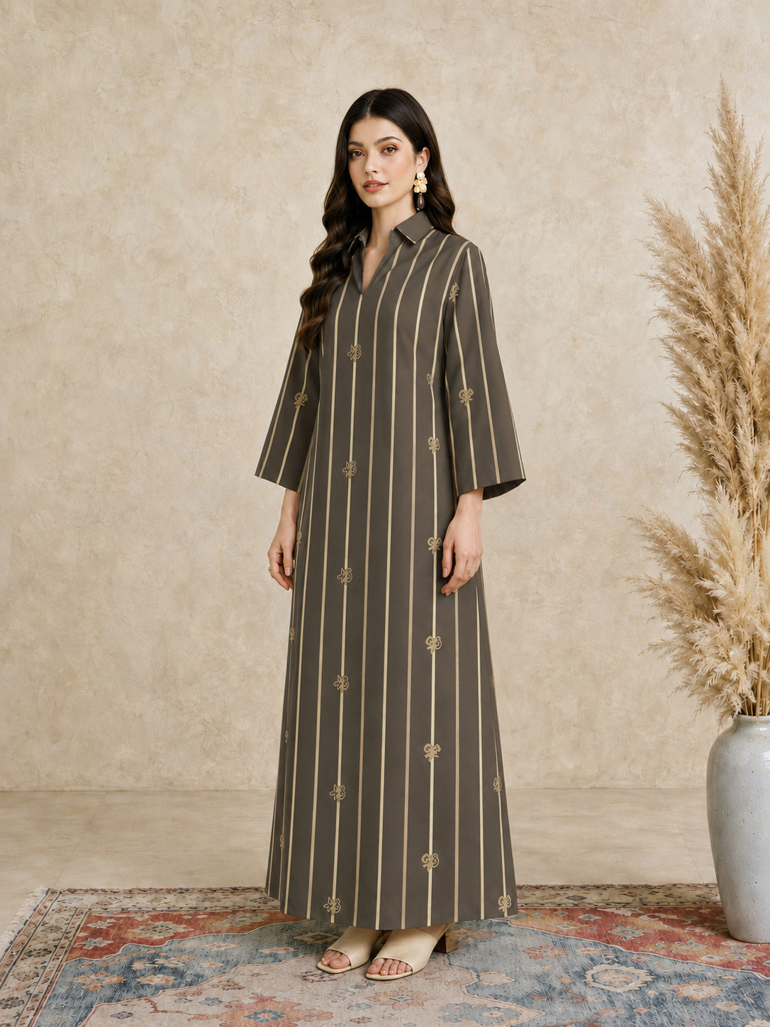Olive Striped Open Collar Jalabiya