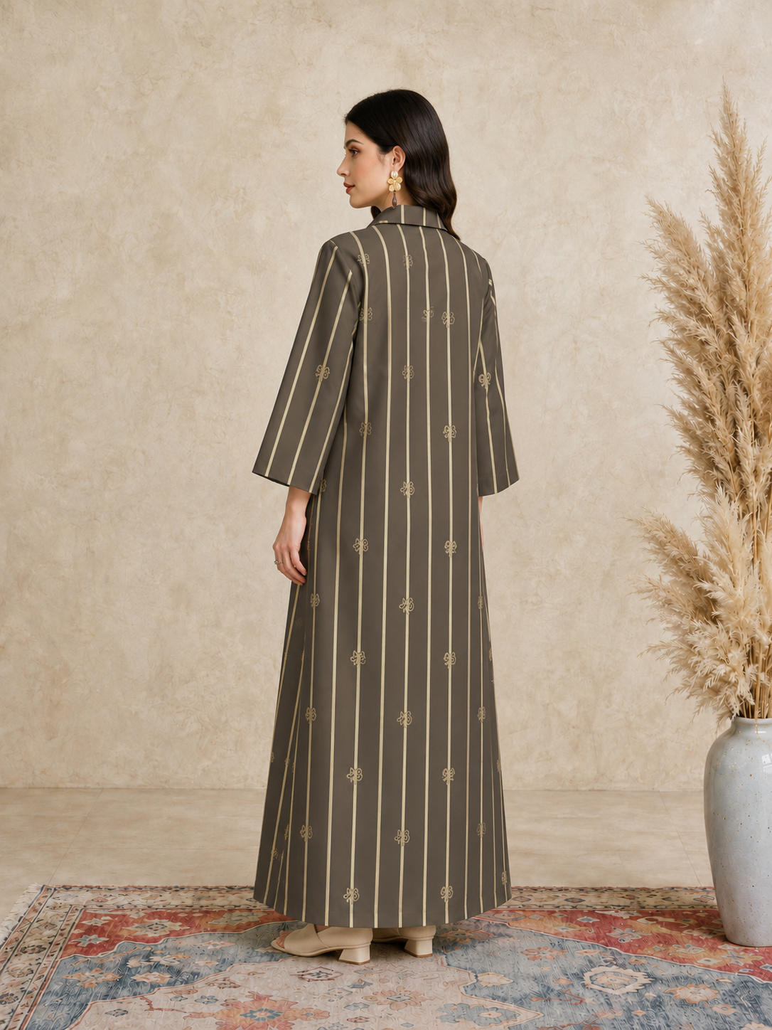 Olive Striped Open Collar Jalabiya