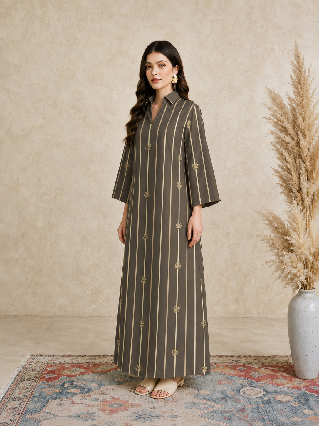 Olive Striped Open Collar Jalabiya