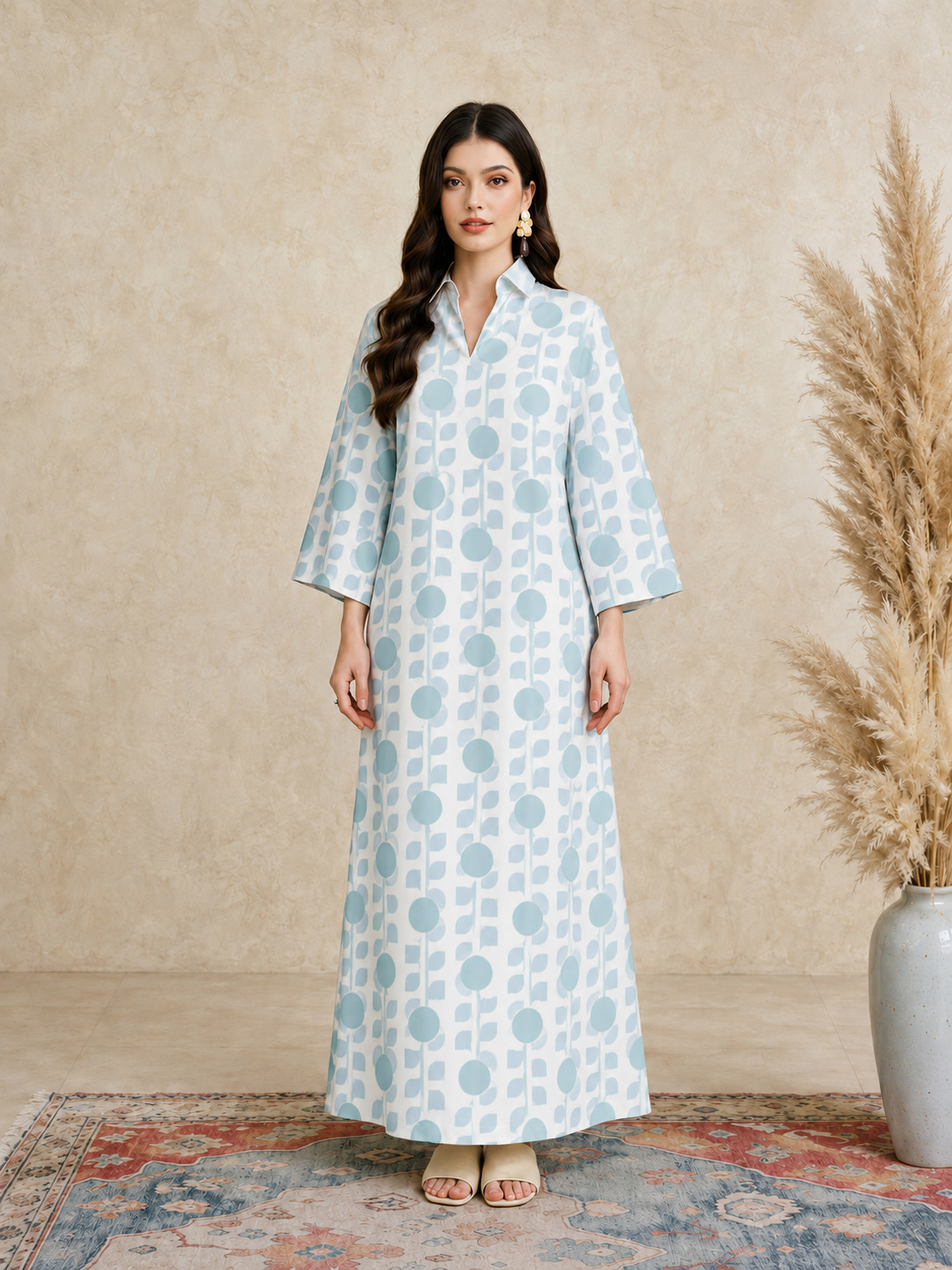 Blue Long Sleeves Open Collar Jalabiya