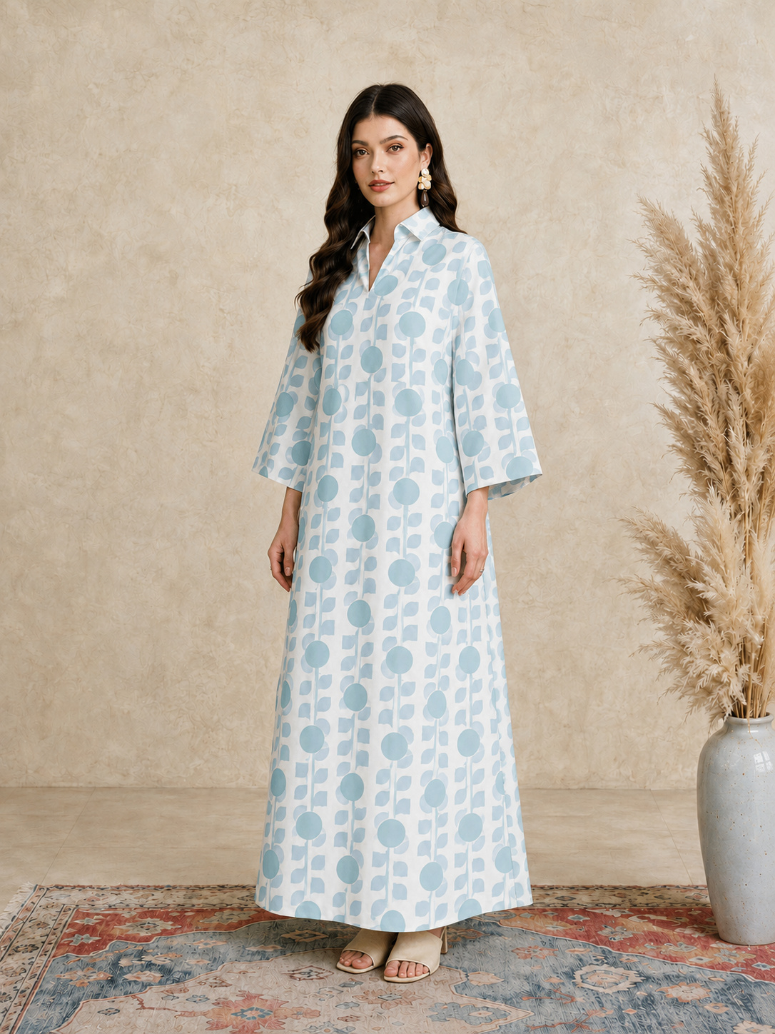 Blue Long Sleeves Open Collar Jalabiya