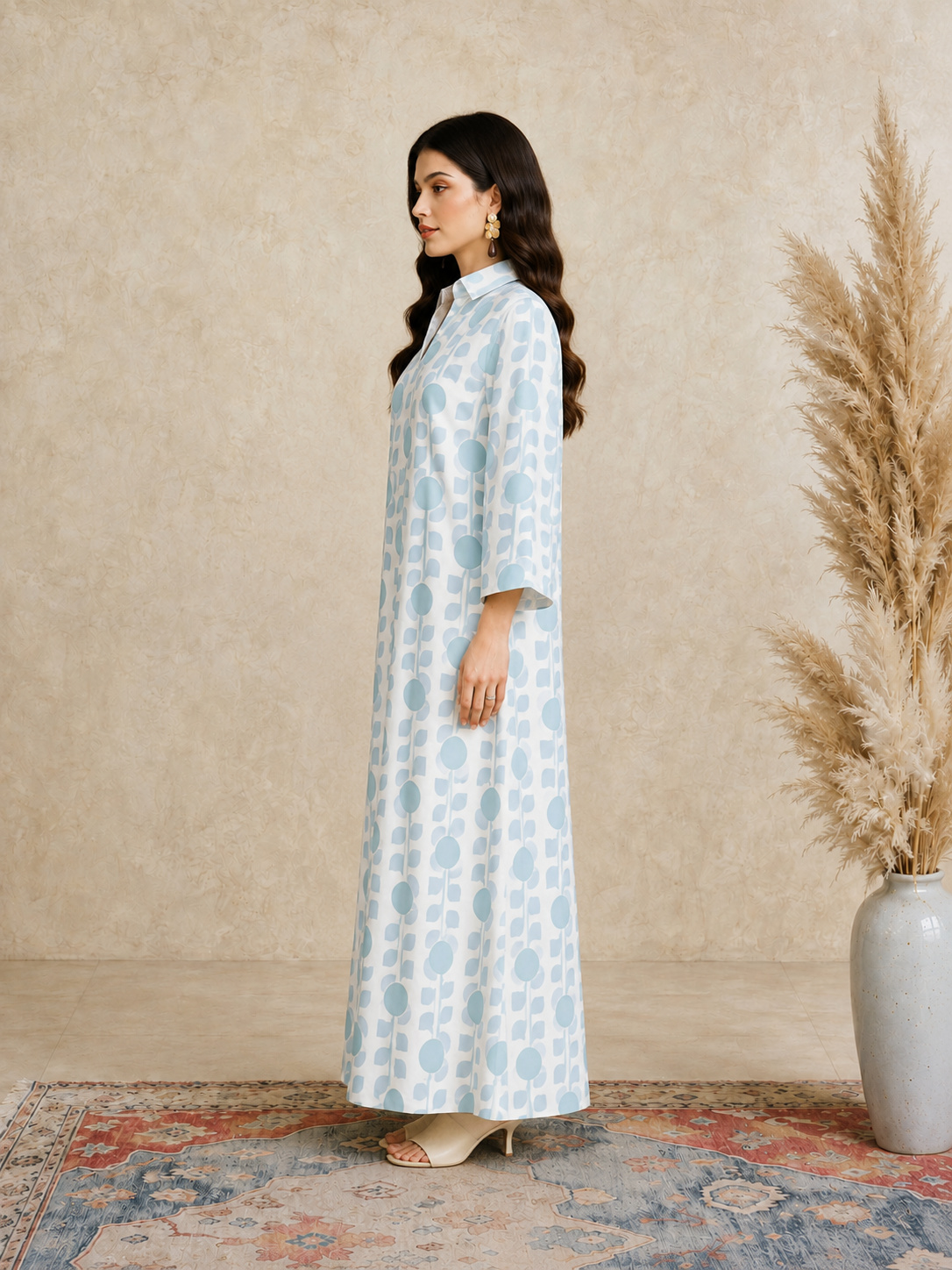 Blue Long Sleeves Open Collar Jalabiya