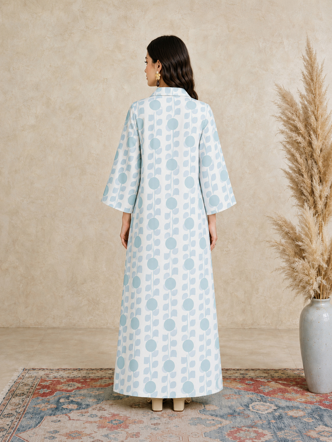 Blue Long Sleeves Open Collar Jalabiya