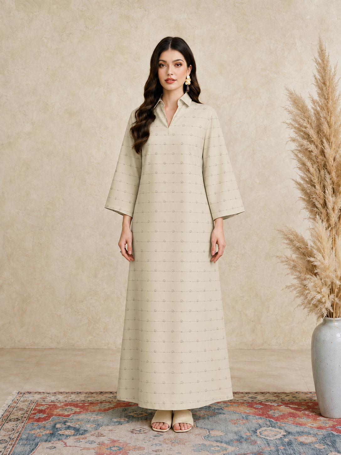 Beige Long Sleeves Open Collar Jalabiya